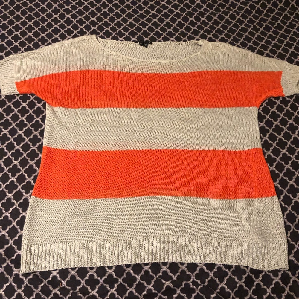 THEORY Knit Linen Crew Neck Sweater Sz Small Striped Gray Orange X17